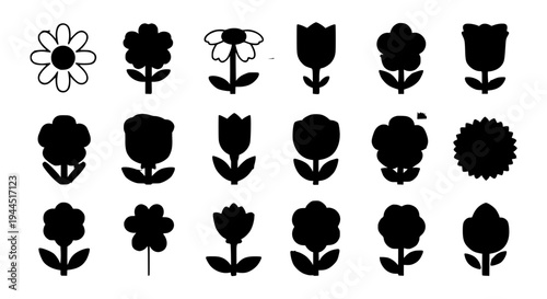 Flowers black silhouette set with various shapes and sizes for design use. featuring flower silhouettes, flower icons,
