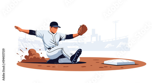 Modern vector illustration of baseball player sliding into base during competitive match, dynamic sports action on infield dirt