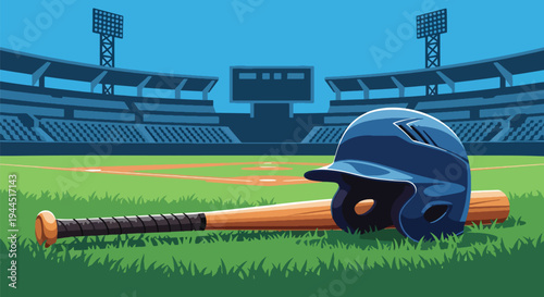 Modern vector illustration of baseball helmet bat and ball placed on grass field before competitive match