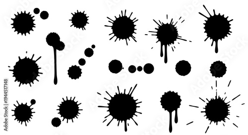 Inkblots set with black splatters and drips on white background, various sizes and shapes featuring grunge elements,