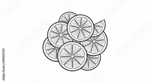 Black and white line art illustration of a pile of citrus fruit slices