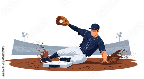 Modern vector illustration of baseball player sliding into base during competitive match, dynamic sports action on infield dirt