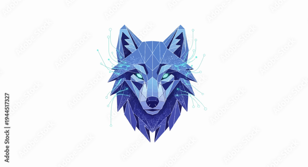 Fototapeta premium Geometric blue wolf head with glowing eyes and digital circuits