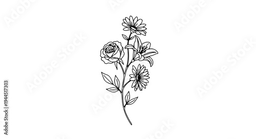 Flower bouquet with rose and daisies in black line art style with leaves featuring illustration, drawing, botanical