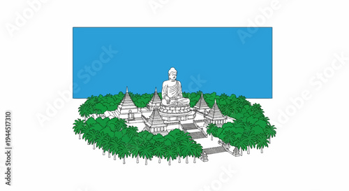 Serene temple complex with a large Buddha statue, pagodas, and lush trees