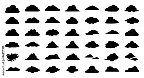Clouds black silhouette set with puffy shapes and stormy weather icons featuring cloud silhouettes, cloudy, meteorology