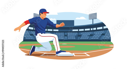 Modern vector illustration of baseball player sliding into base during competitive match, dynamic sports action on infield dirt