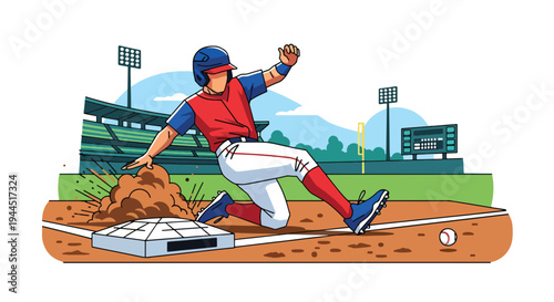 Modern vector illustration of baseball player sliding into base during competitive match, dynamic sports action on infield dirt