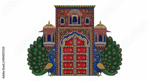 Ornate Indian gate with peacocks and golden domes, detailed floral designs