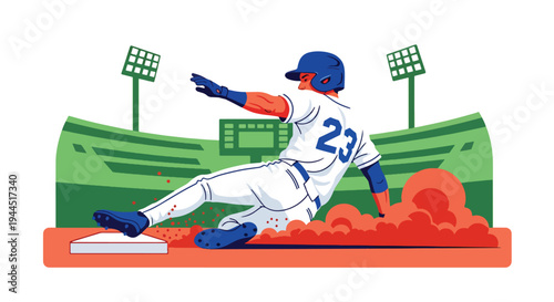 Modern vector illustration of baseball player sliding into base during competitive match, dynamic sports action on infield dirt