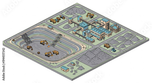 Isometric view of an open-pit mine and processing plant with heavy machinery and raw materials.