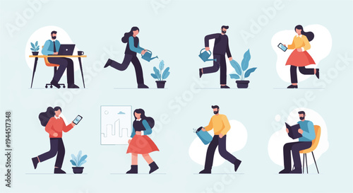 Flat illustrations of people engaged in work and leisure activities