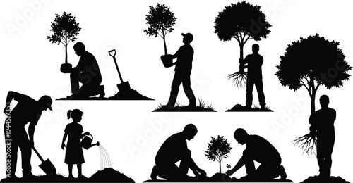 Tree Planting Silhouette Collection with People Gardening Digging Watering and Carrying Trees Environmental Conservation and Reforestation Concept Vector Illustration Set