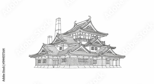 Ornate, multi-tiered traditional dwelling with complex rooflines