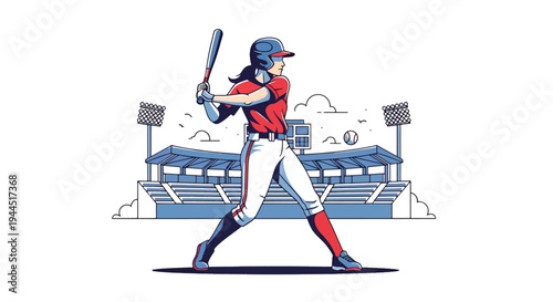 Modern vector illustration of female baseball player batting confidently in stadium, empowering sports equality concept