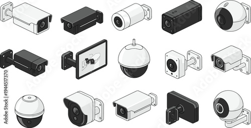 Security surveillance camera icons set with CCTV monitoring systems dome bullet cameras smart safety technology equipment isolated on white background