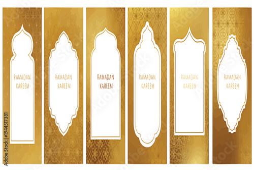 Golden Ramadan Kareem Banners with Islamic Archways and Ornate Frames