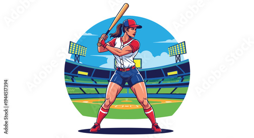 Modern vector illustration of female baseball player batting confidently in stadium, empowering sports equality concept