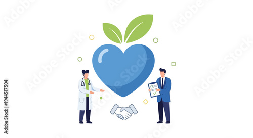Healthcare Partnership Illustration: Doctor, Professional, Heart & Handshake for Wellness & Insurance