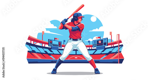 Modern vector illustration of female baseball player batting confidently in stadium, empowering sports equality concept
