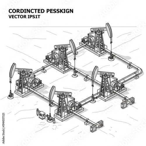 Oil pump jacks working in an oil field, industrial illustration with multiple units connected by pipelines.