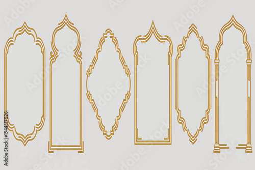 Elegant collection of golden Islamic frames and ornate arch designs featuring traditional Arabic patterns for luxury graphic decoration and cultural design elements
