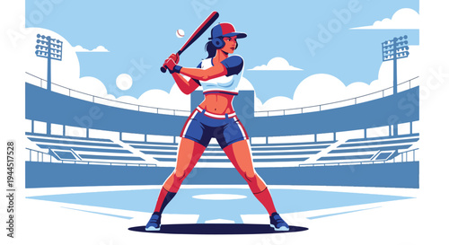 Modern vector illustration of female baseball player batting confidently in stadium, empowering sports equality concept