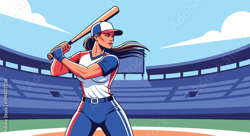 Modern vector illustration of female baseball player batting confidently in stadium, empowering sports equality concept