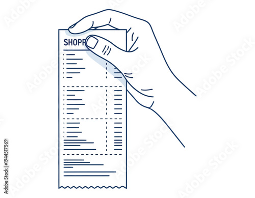 A hand holding a receipt with a detailed list of items purchased and a clear view of the shop's name and logo