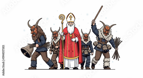 Saint Nicholas with Krampus figures on a snowy day