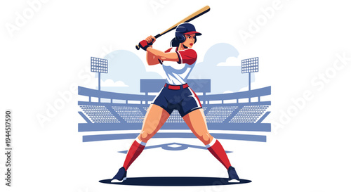 Modern vector illustration of female baseball player batting confidently in stadium, empowering sports equality concept
