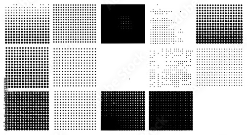 Squares halftone set with black and white dotted patterns and gradient effects featuring dots, texture, design with