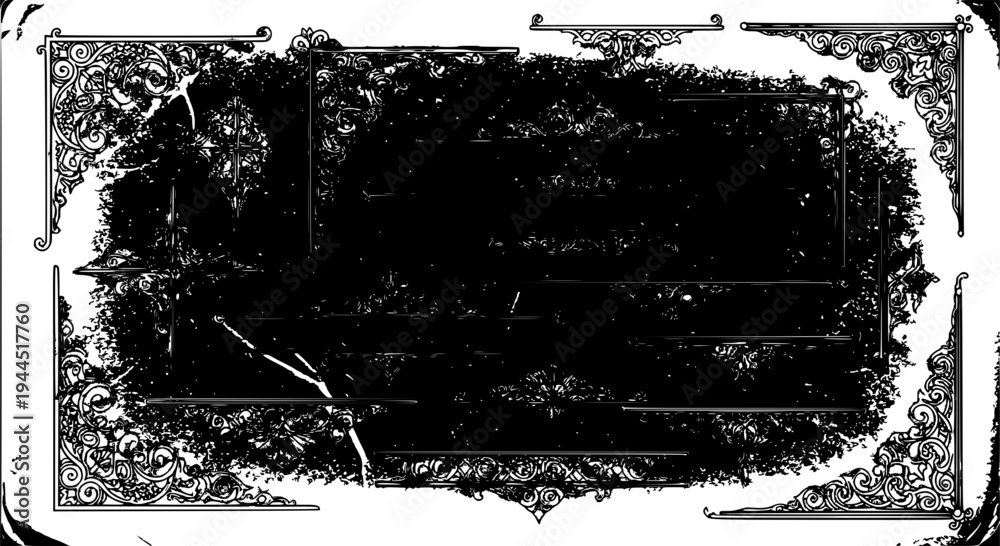Obraz premium Frame ornate with floral patterns and distressed edges, black and white illustration featuring grunge, vintage, border