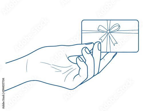 A hand holding a gift card with a decorative bow on the front