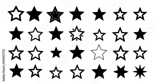 Stars black and white set with various shapes and sizes, isolated on white background featuring star icons, star