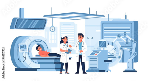 Modern Healthcare: Patient Undergoing Diagnostic Scan with Doctor and Nurse, Featuring Advanced Medical Technology and Robotics