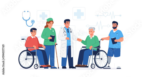 Inclusive Healthcare Team Providing Patient Care and Support for People with Disabilities and Elderly Individuals. Medical Services & Rehabilitation.