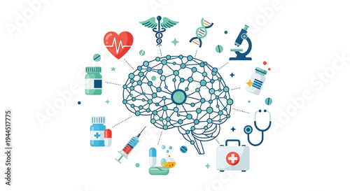 Brain Health & Medical Science Concept: Neural Network Surrounded by Healthcare & Research Icons for Mental Wellness, Neurology & Innovation