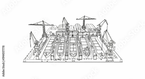 Ships under construction at a shipyard with cranes and buildings