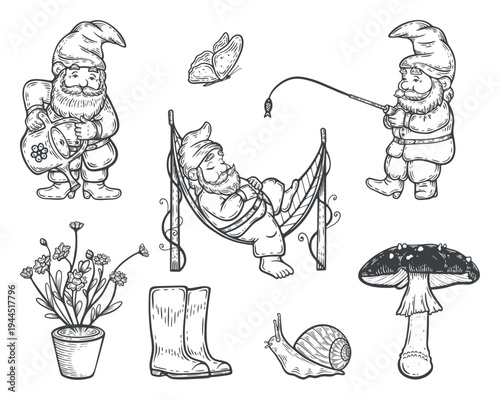 Garden gnomes set, gnomes with fishing rod, watering can, sleeping in a hammock collection, garden objects, rubber boots, lines, hand-drawn, black and white, graphic illustration, engraving isolated