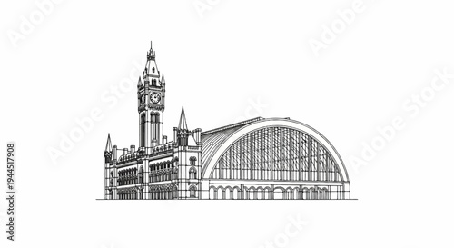Detailed sketch of a grand historical railway station with a clock tower