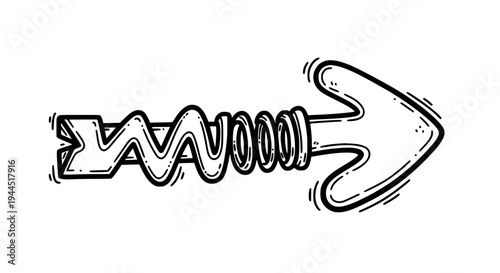Arrow with spring mechanism and sharp tip, drawn in black lines with dynamic motion effect featuring graphic,