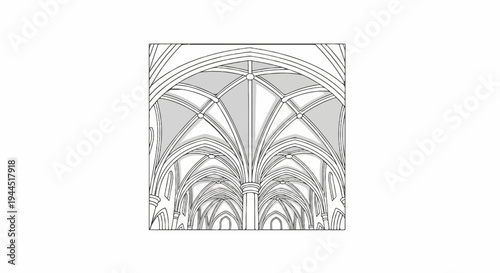 Detailed line drawing of a Gothic vaulted ceiling extending into the distance