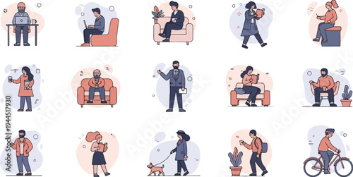 Diverse people engaged in various everyday activities, like working, reading, and cycling