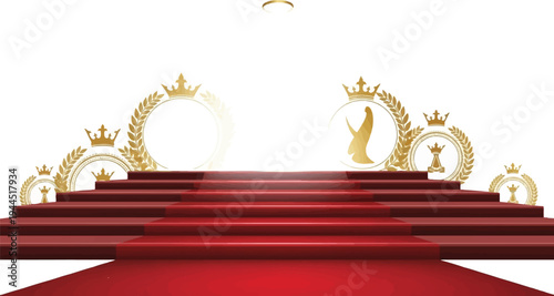 Red carpet stairs leading to a golden stage with circular emblems and crowns