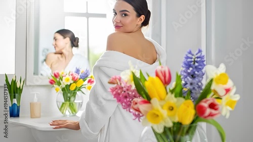 Woman in bathrobe applying beauty care routine during Easter. Girl looking at mirror with spring flower bouquet in bathroom. Morning skincare wellness concept.