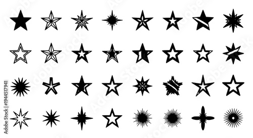 Stars set with black vector shapes and various starburst effects on white background featuring star, burst, explosion