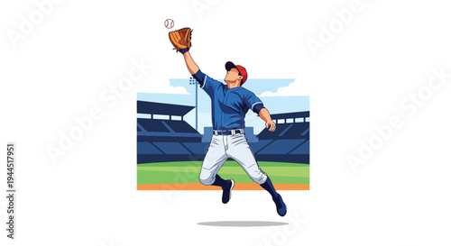 Modern vector illustration of baseball player catching fly ball mid air during competitive outfield action