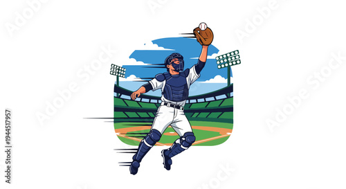 Modern vector illustration of baseball player catching fly ball mid air during competitive outfield action