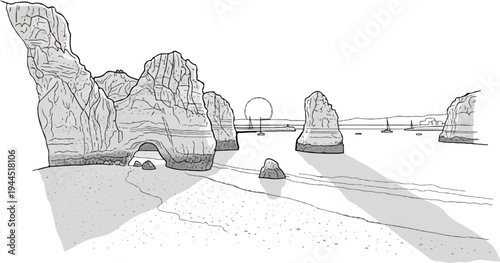 Coastal cliffs with arch, beach, sea, and sailboats at sunset